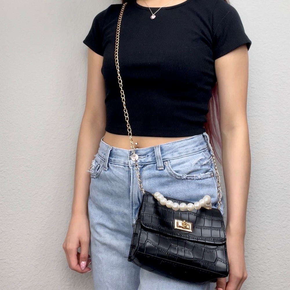 Black Crocodile Print Pearl Accent Gold Handbag